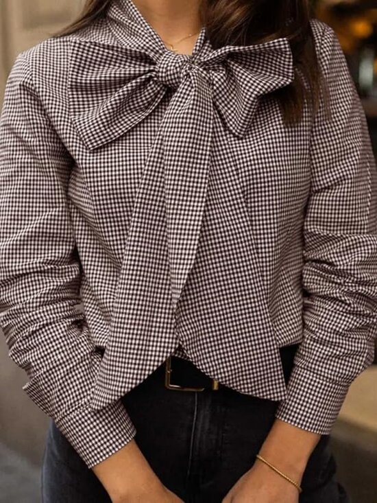 Tops - Brown NWOT Gingham Tie Neck Blouse Women's Large Long Sleeve Career Top